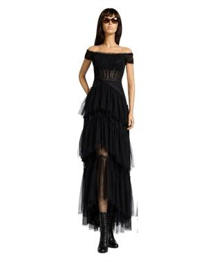 Black Off-Shoulder Tiered Mesh Corset Maxi Dress NWOT Witchy Goth Dark Romantic